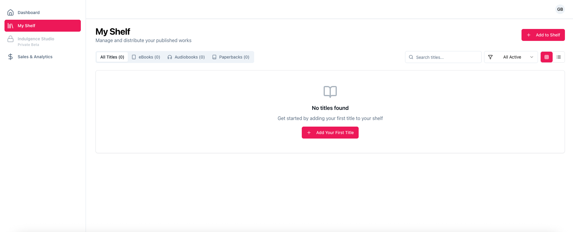 My Shelf page showing empty state