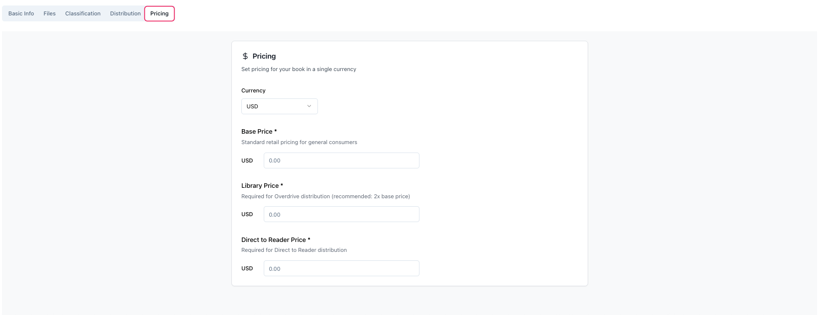 Pricing tab showing library price field